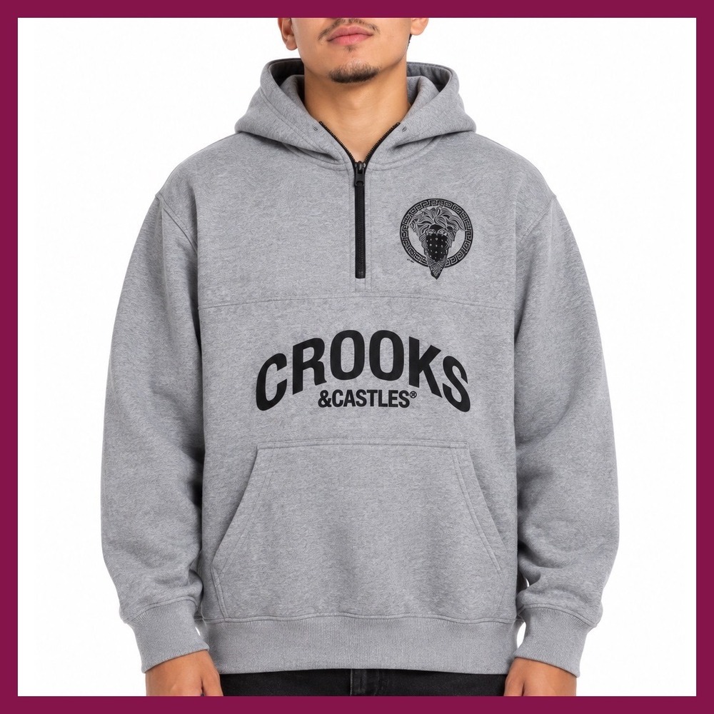 Crooks & Castles 1/4 Zip Hoodie Men XL Gray Y2K Streetwear Hip Hop Medusa